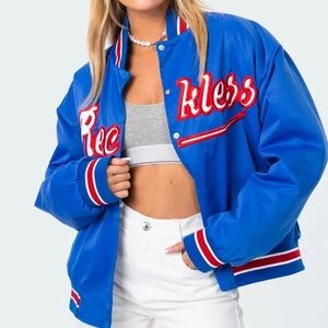 Women's Blue Varsity Jacket with Red Accents